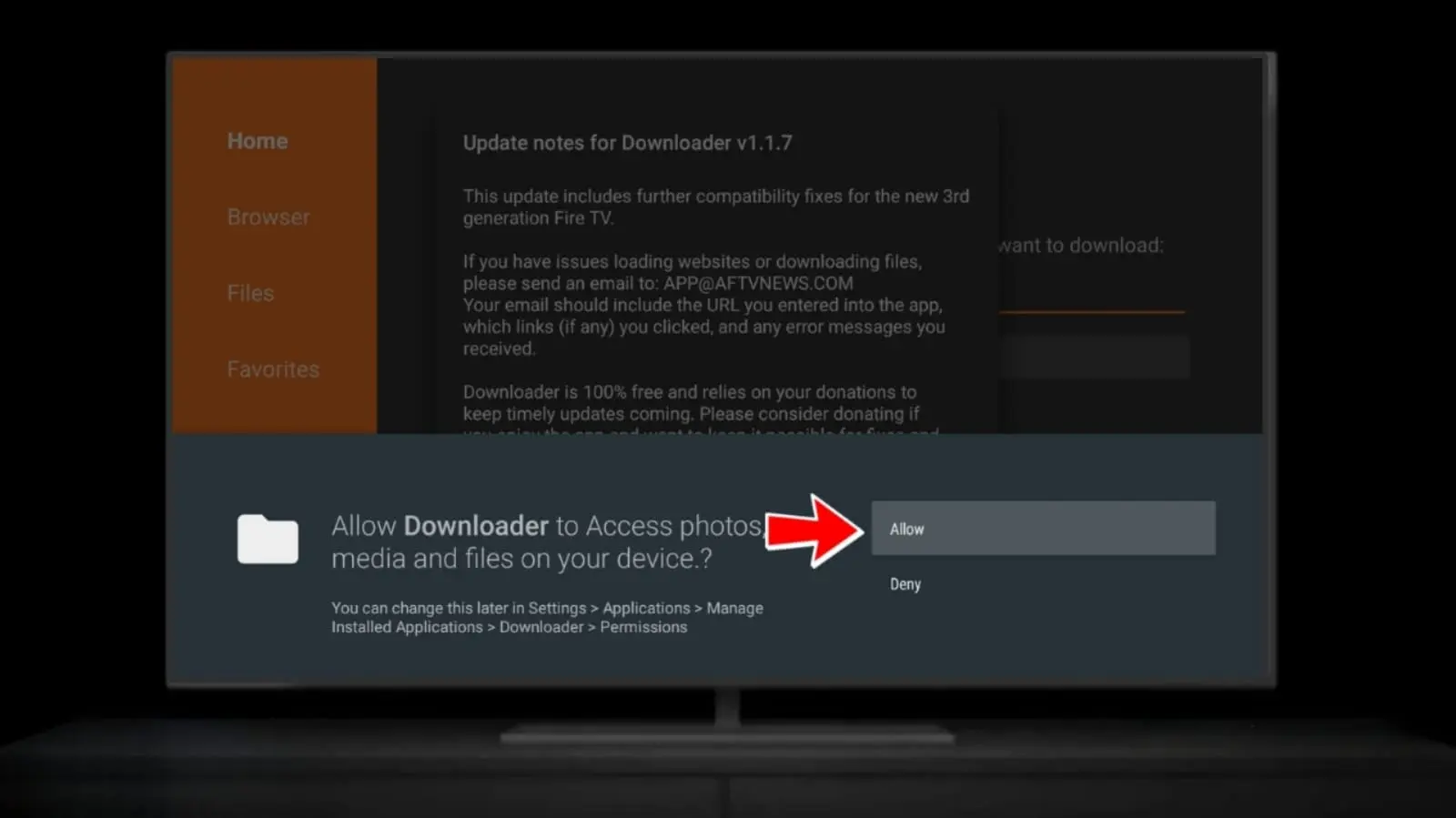 Downloader permission dialog - tap Allow