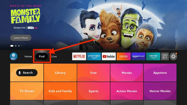 FireStick home screen with Find tab highlighted