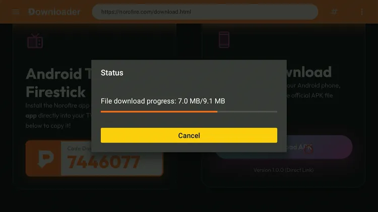 NoroFire APK downloading - progress bar in Downloader