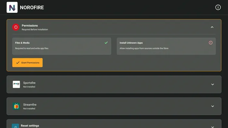 NoroFire app opened showing Grant Permissions button and app list