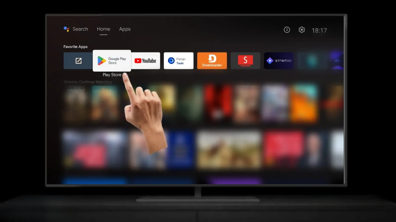 Google TV home screen with Play Store selected